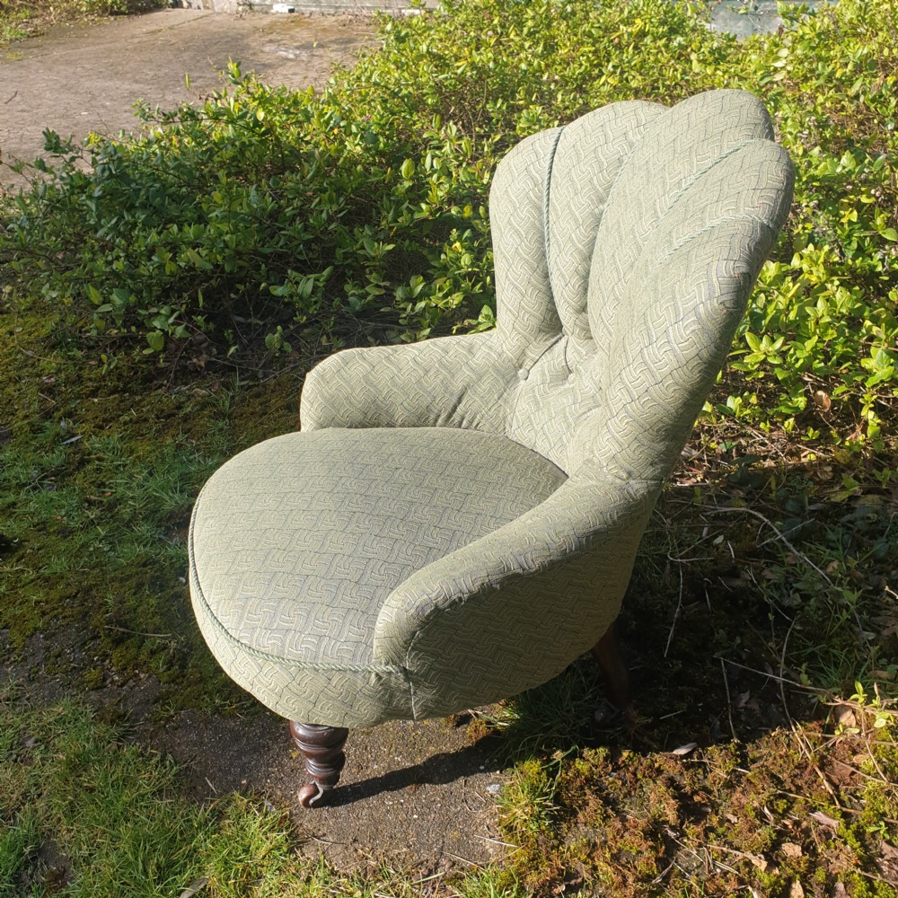 Late Victorian upholstered shell back bedroom chair. View V