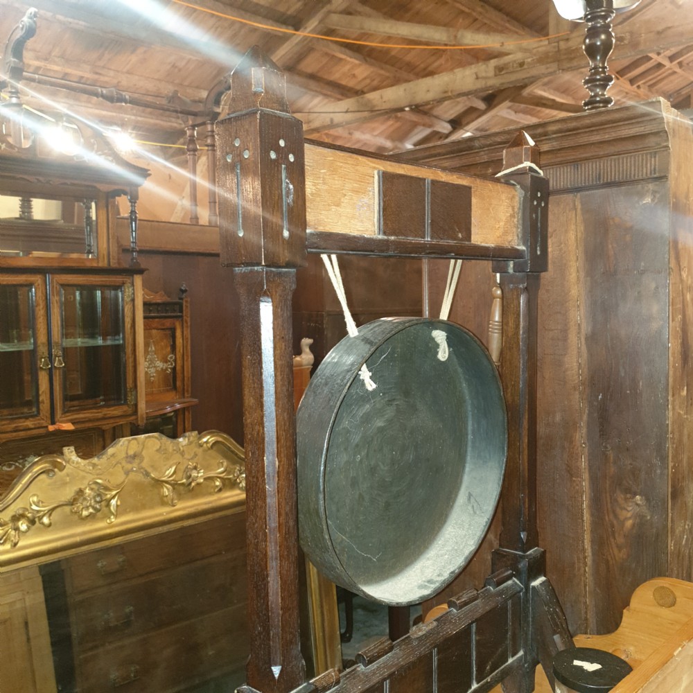 Late Victorian oak Gothic dinner gong.  View III