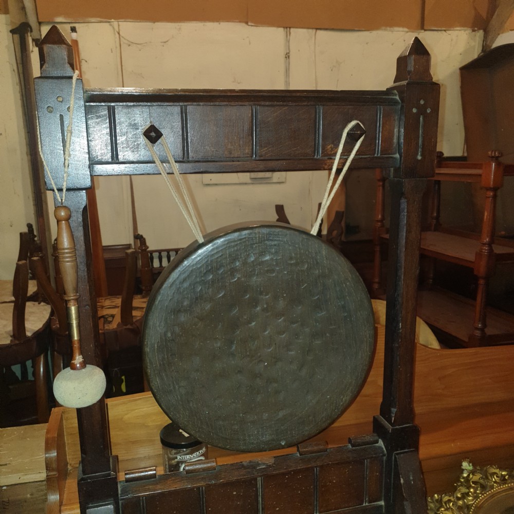 Late Victorian oak Gothic dinner gong.  View IV
