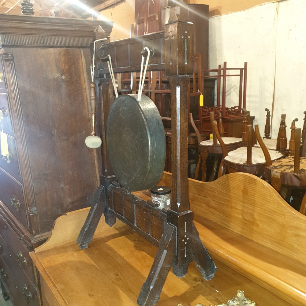 Late Victorian oak Gothic dinner gong.  View V