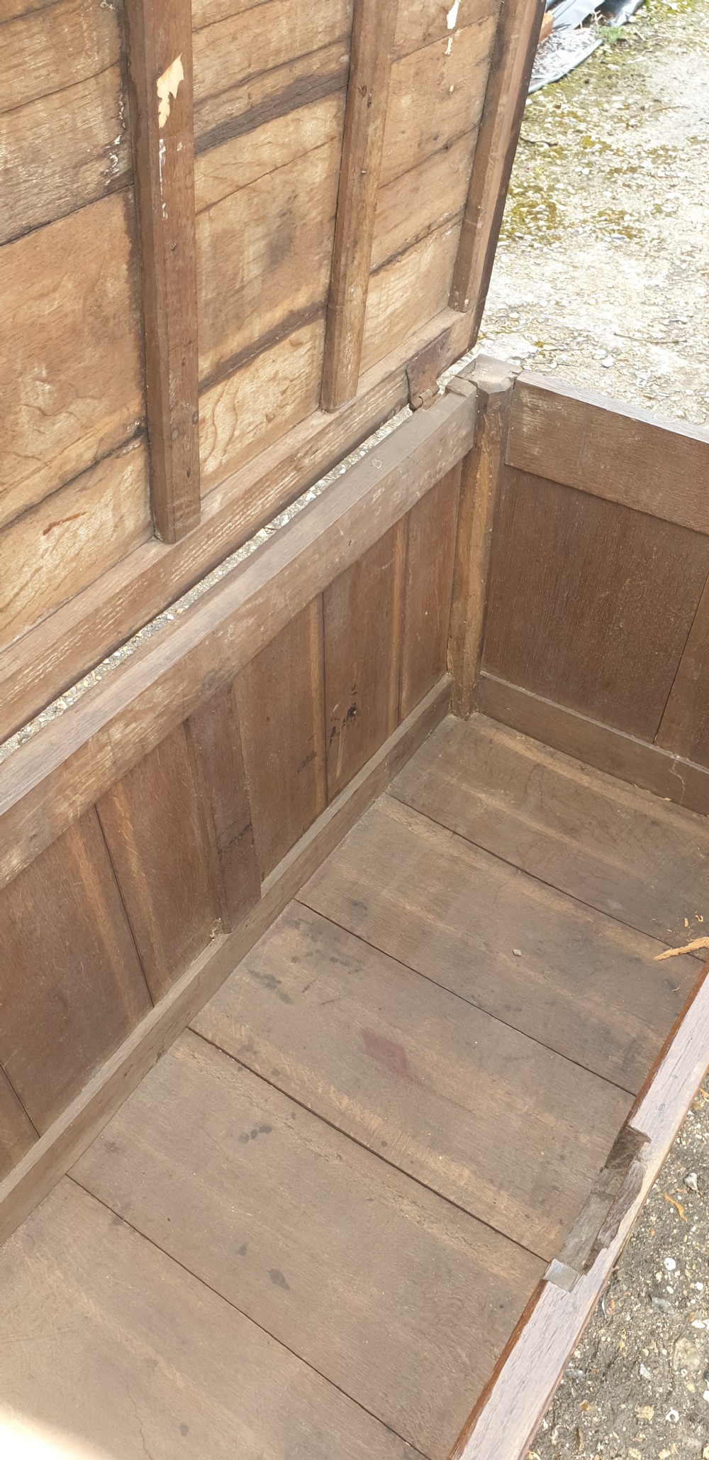 Large late Georgian panelled oak coffer.  View V