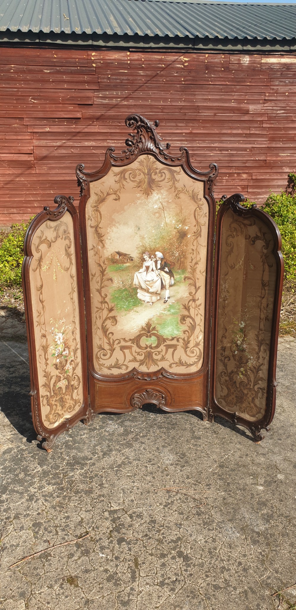 Late 19th century French carved 3 fold dressing screen. 