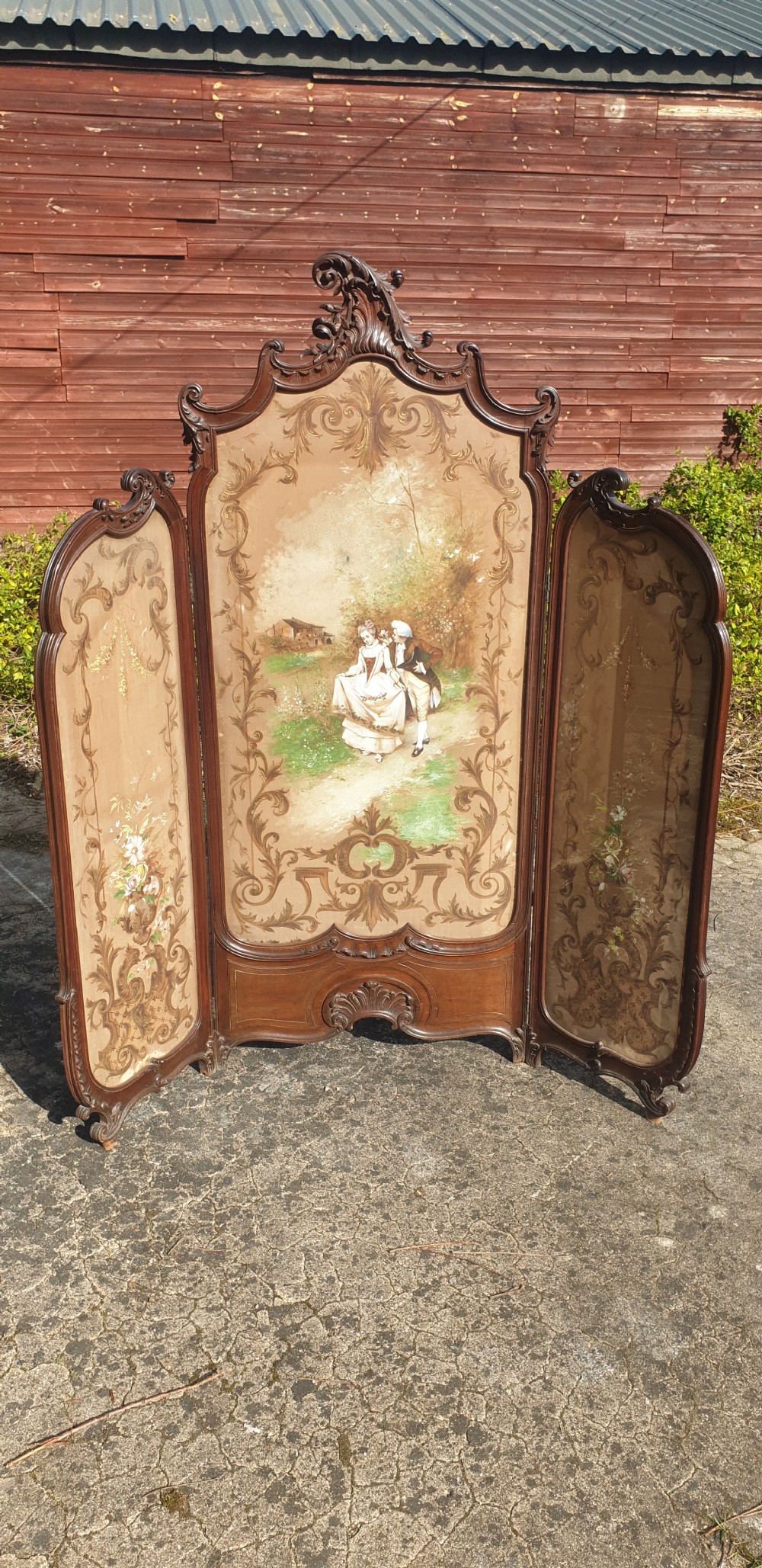 Late 19th century French carved 3 fold dressing screen.  View IV