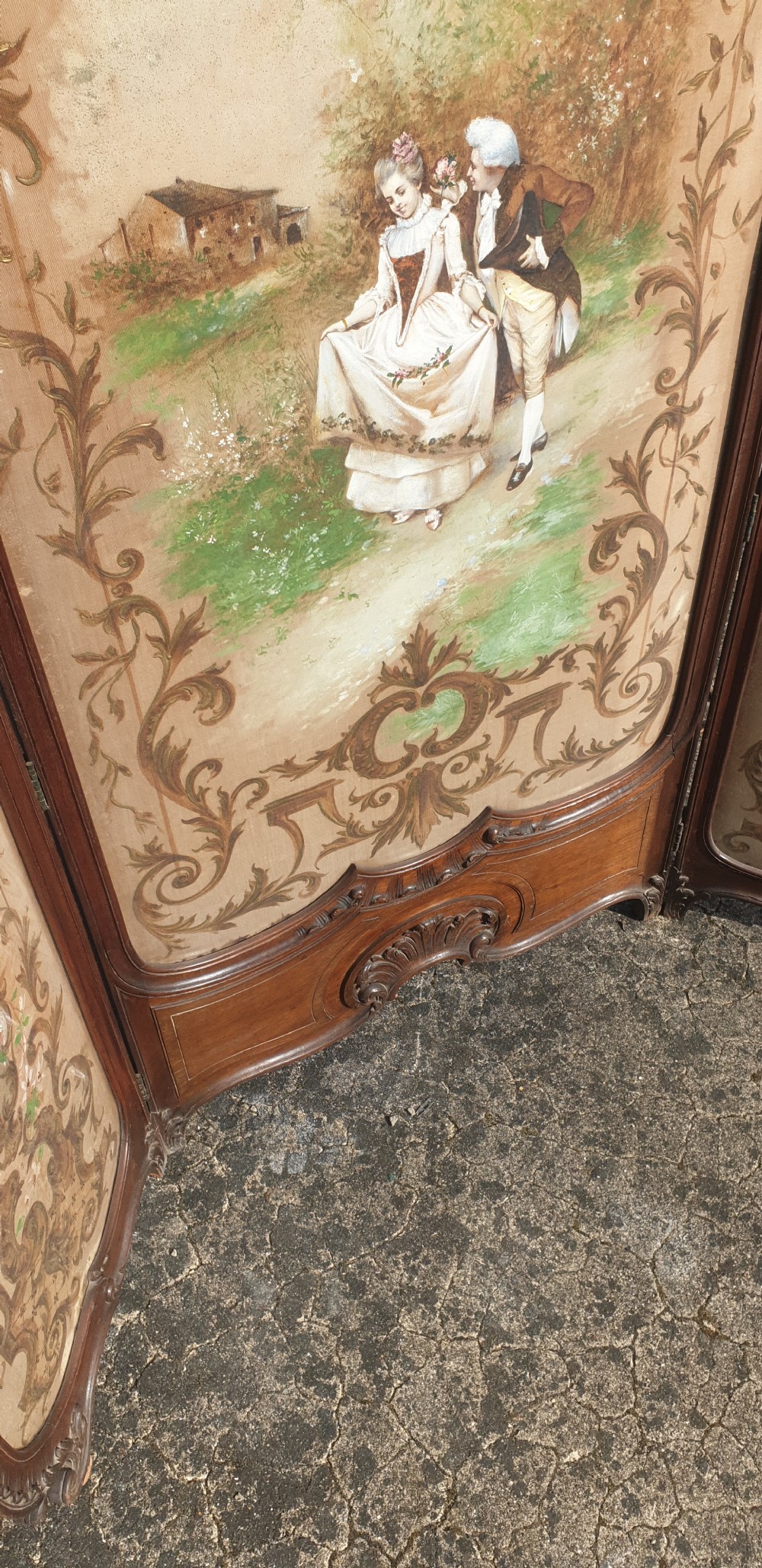 Late 19th century French carved 3 fold dressing screen.  View IX