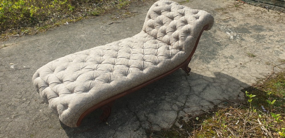 Victorian walnut upholstered chaise longue.  View V