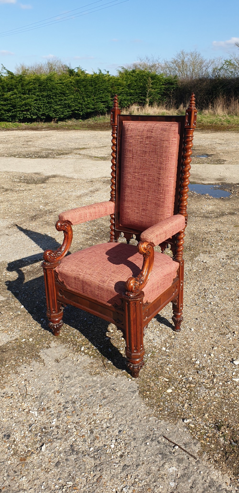 Large Victorian mahogany Gothic hall armchair.  View II