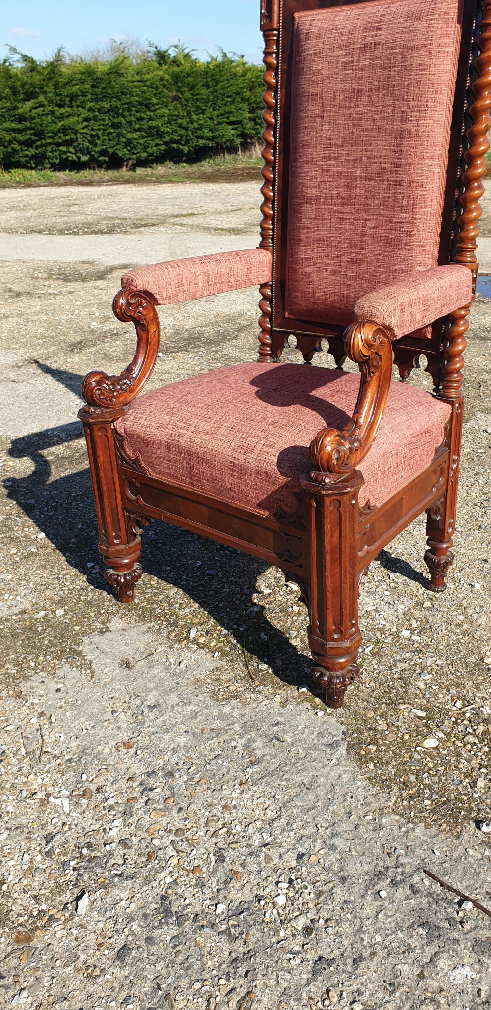 Large Victorian mahogany Gothic hall armchair.  View IV