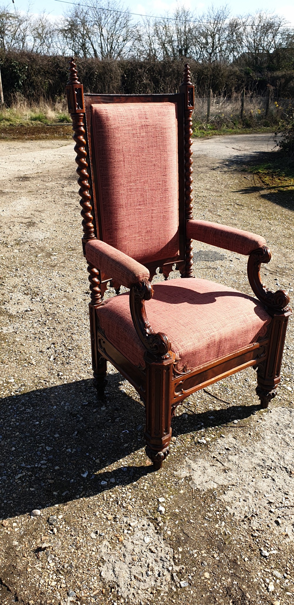 Large Victorian mahogany Gothic hall armchair.  View V