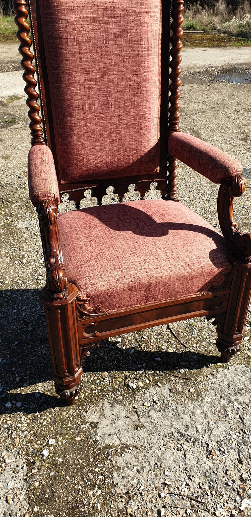 Large Victorian mahogany Gothic hall armchair.  View VI