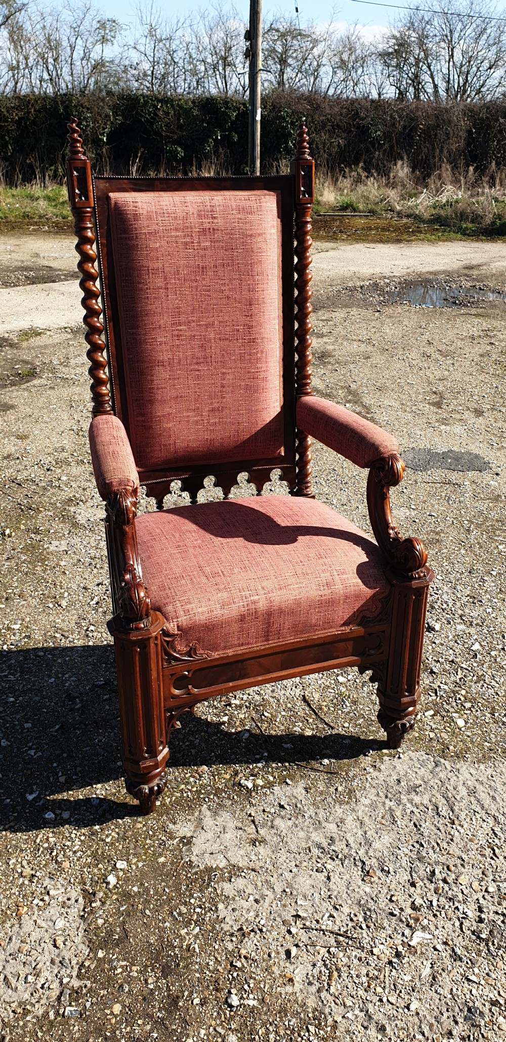 Large Victorian mahogany Gothic hall armchair.  View VII