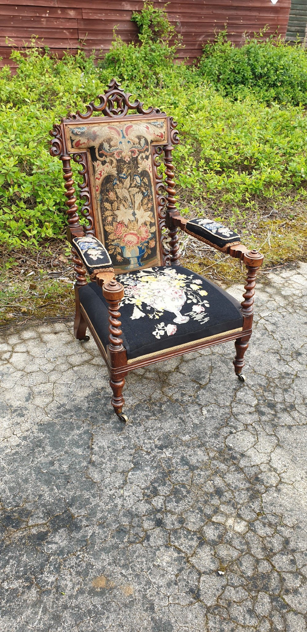 Victorian oak frame hall armchair 
