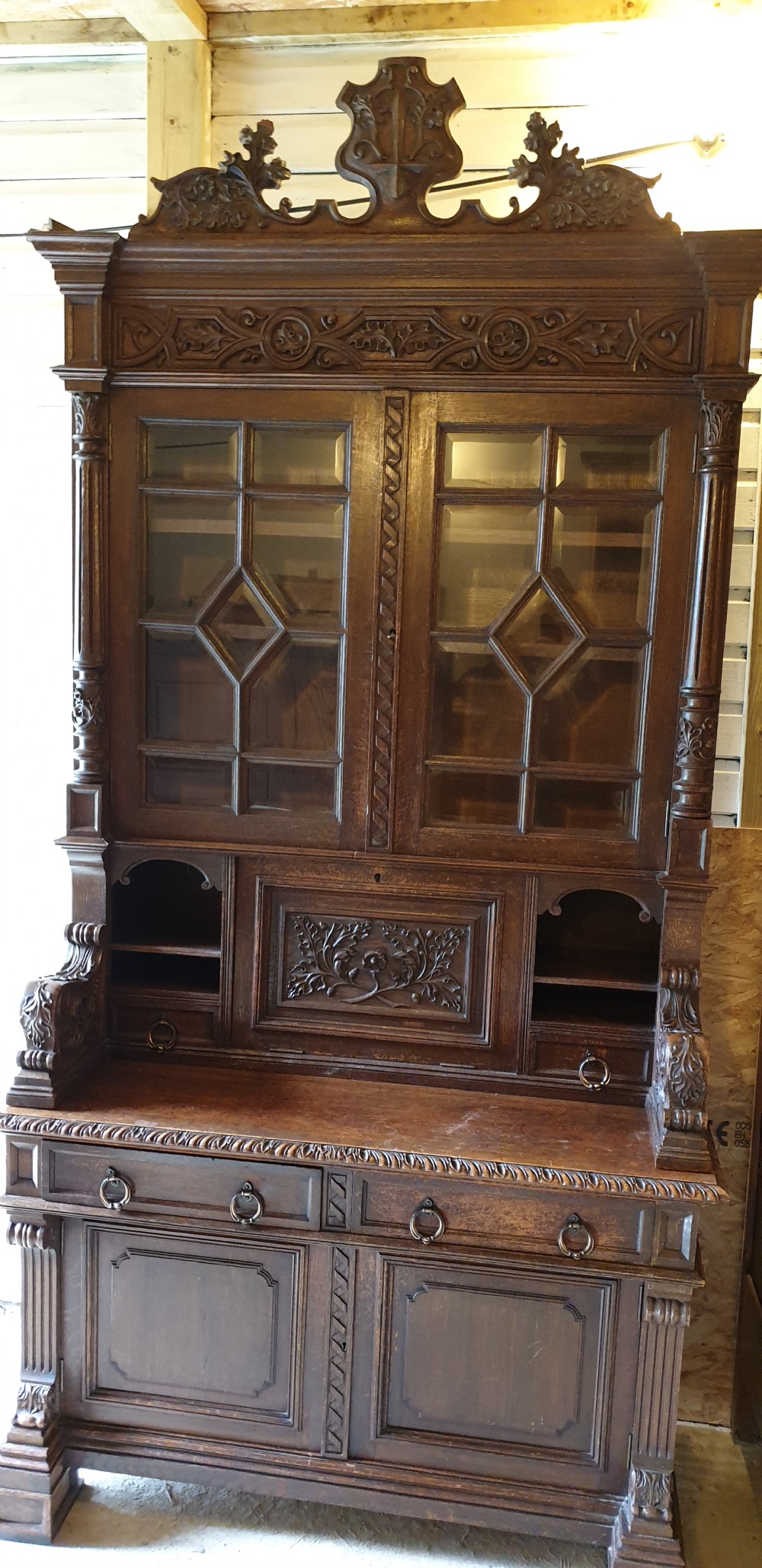 19th century carved oak cabinet with writing slope.  View II