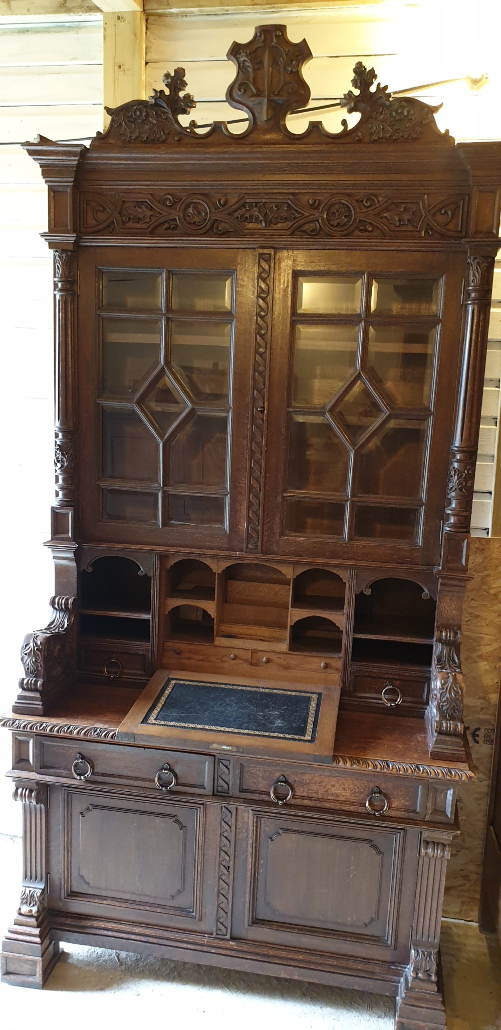 19th century carved oak cabinet with writing slope.  View III