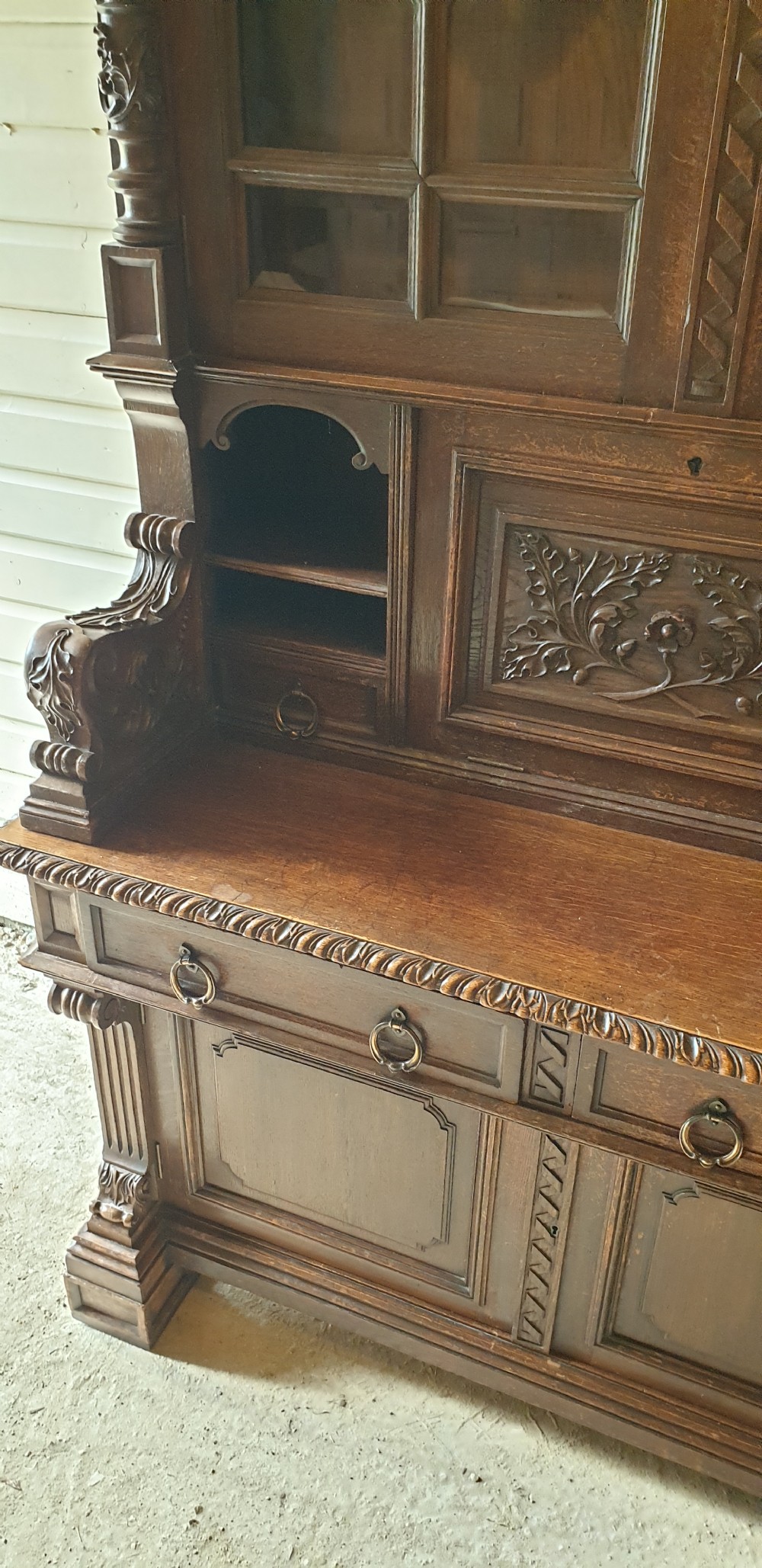 19th century carved oak cabinet with writing slope.  View IV