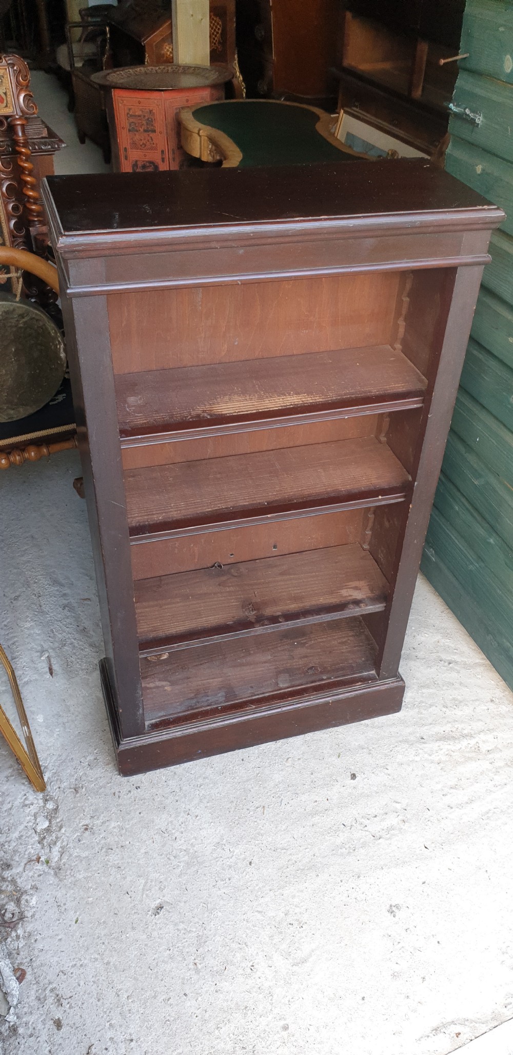 Small Edwardian mahogany open front bookcase.  View III