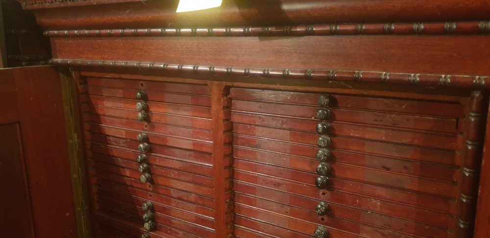 A 19th-century mahogany specimen cabinet with open panelled doors revealing numerous shallow wooden drawers fitted with small brass knobs. View XIII