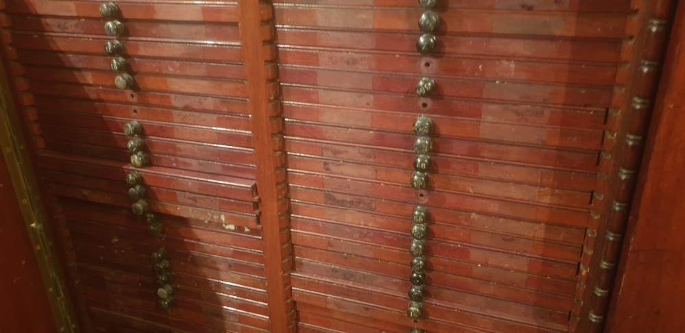 A 19th-century mahogany specimen cabinet with open panelled doors revealing numerous shallow wooden drawers fitted with small brass knobs. View XIV