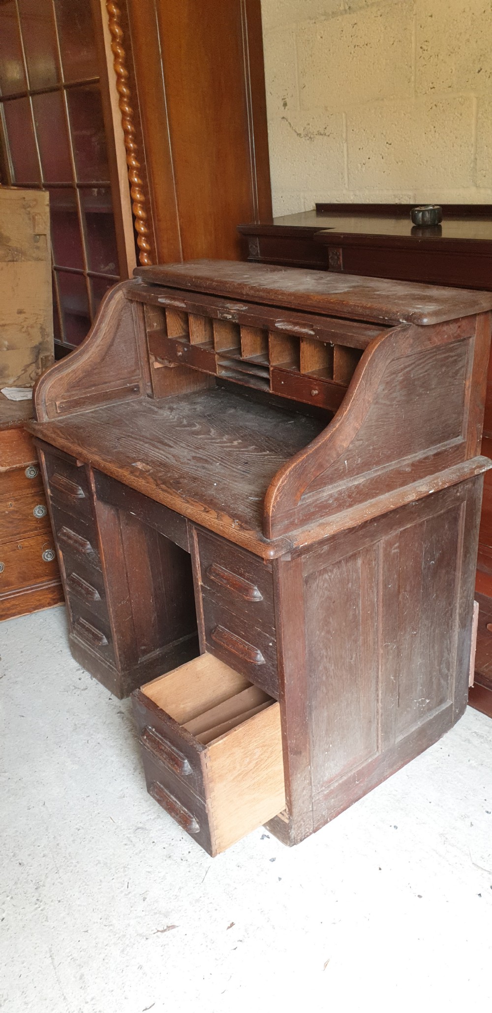 Small oak tambour roll top pedestal desk. View IV