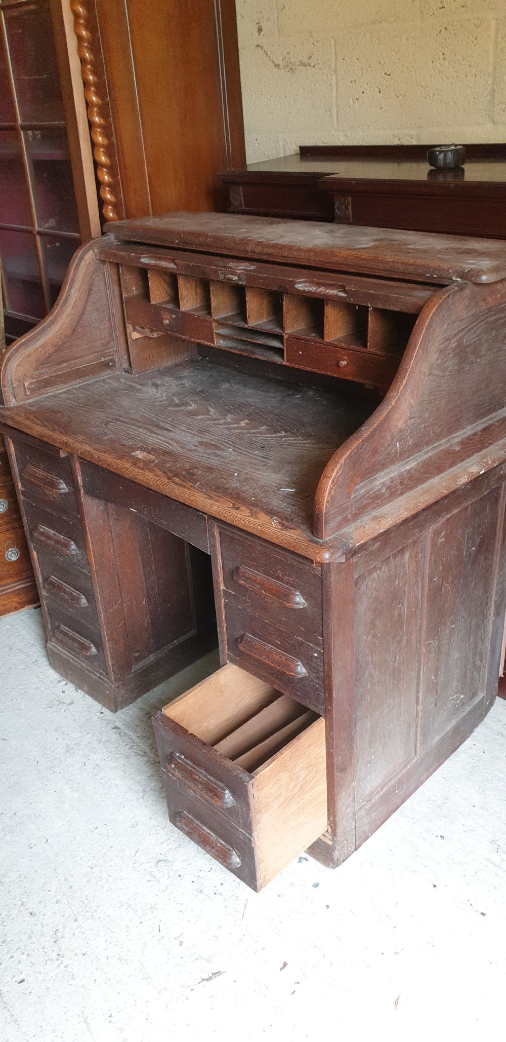 Small oak tambour roll top pedestal desk. View V