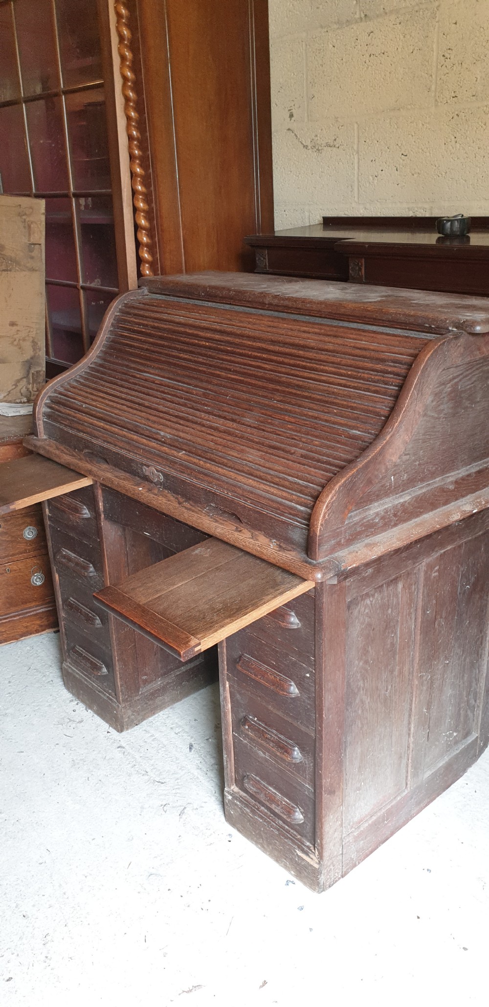 Small oak tambour roll top pedestal desk. View VI