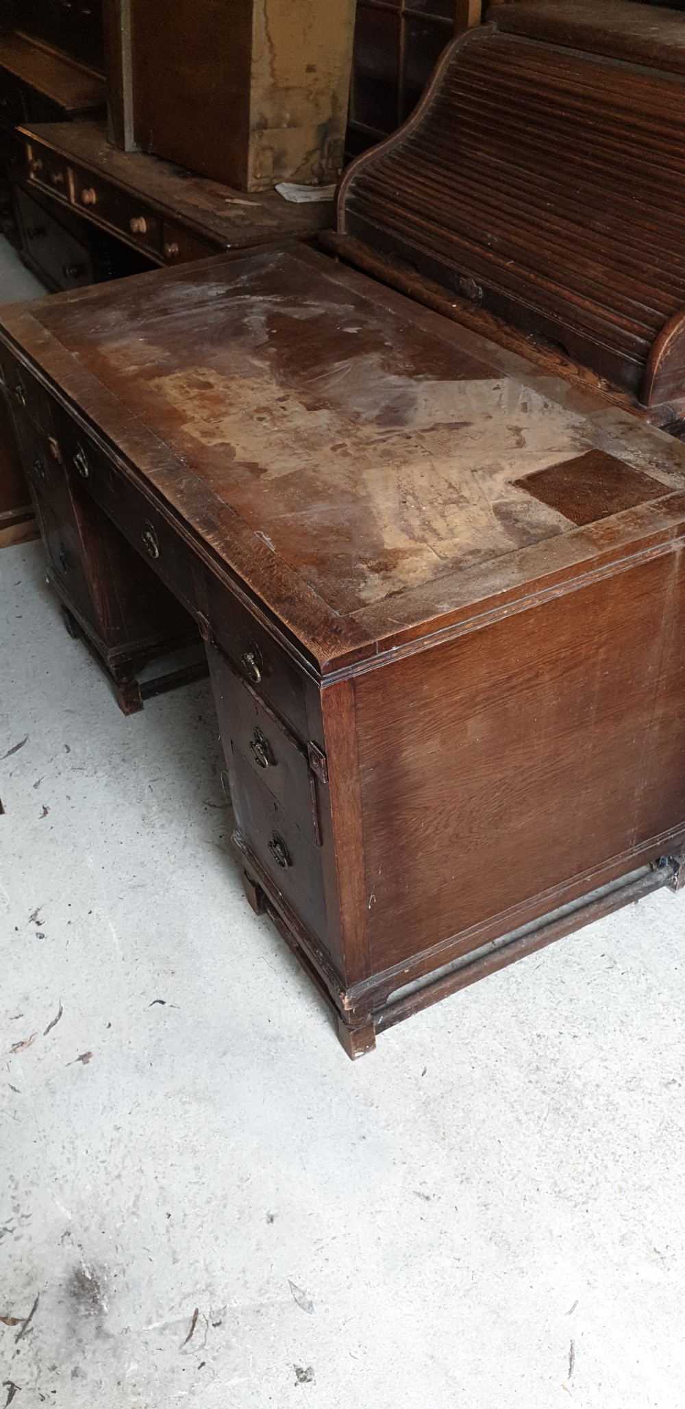 1920s oak kneehole pedestal desk.  View III
