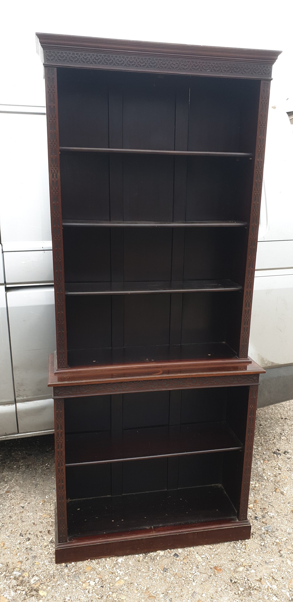 Edwardian mahogany open front bookcase.  View VI