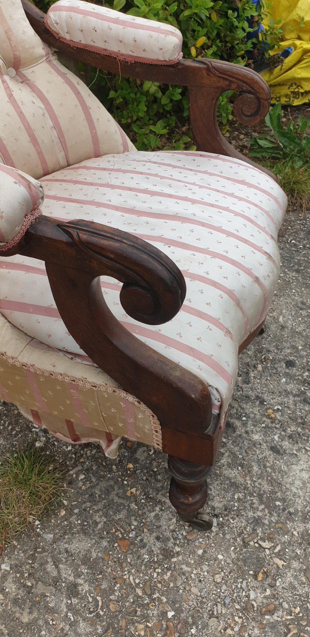 Early Victorian rosewood framed upholstered armchair.  View V
