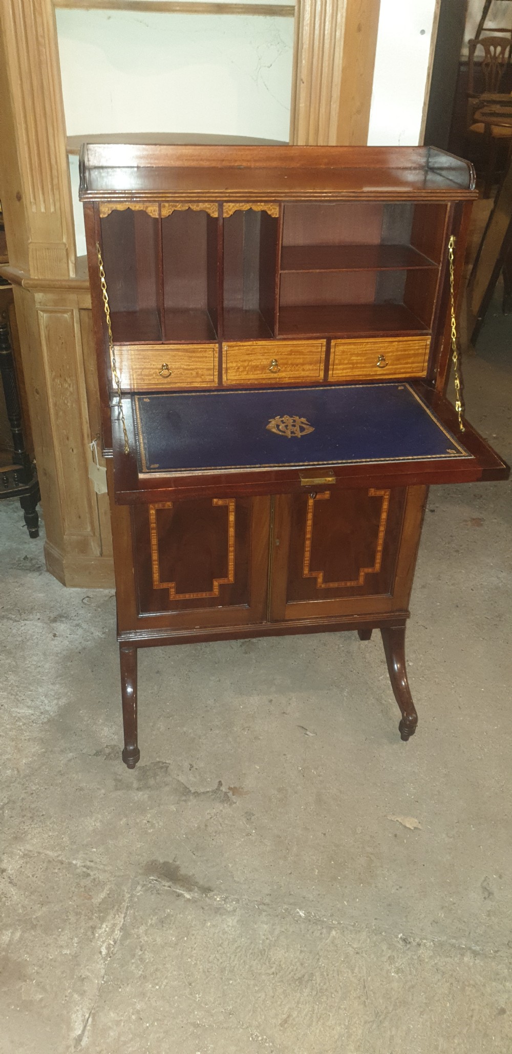 Good quality Edwardian inlaid mahogany writing cabinet.  View II