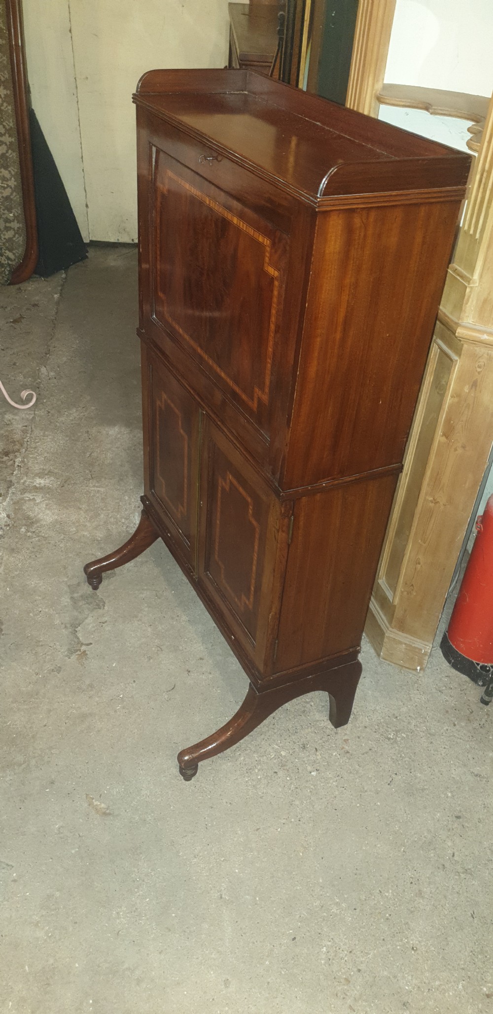Good quality Edwardian inlaid mahogany writing cabinet.  View IV