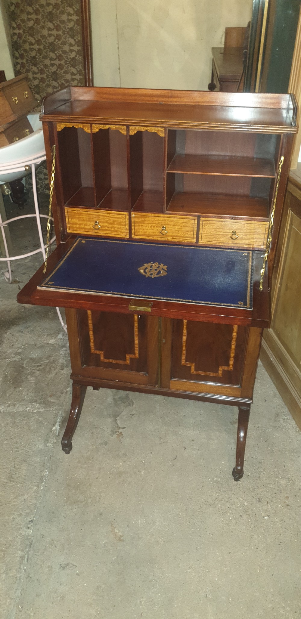 Good quality Edwardian inlaid mahogany writing cabinet.  View VI
