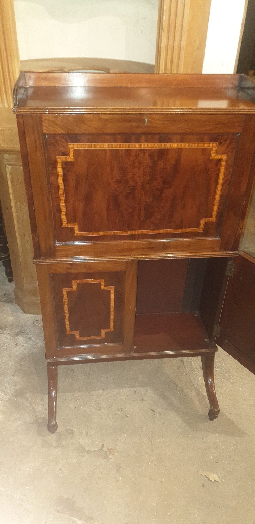 Good quality Edwardian inlaid mahogany writing cabinet.  View VII