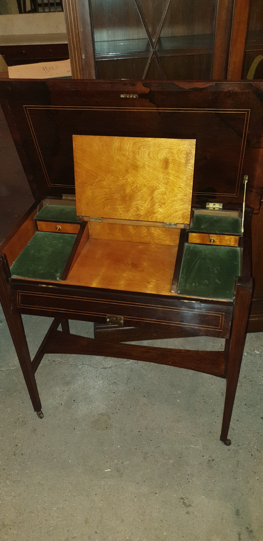 Edwardian inlaid rosewood writing table.  View II