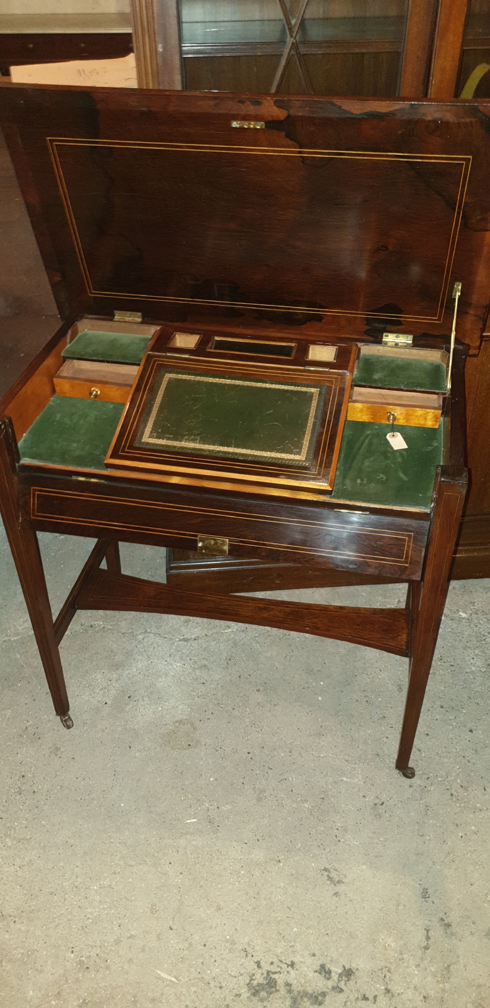Edwardian inlaid rosewood writing table.  View IV