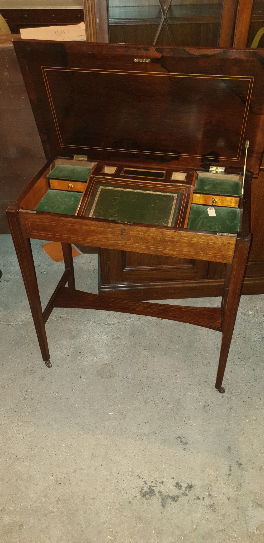 Edwardian inlaid rosewood writing table.  View V
