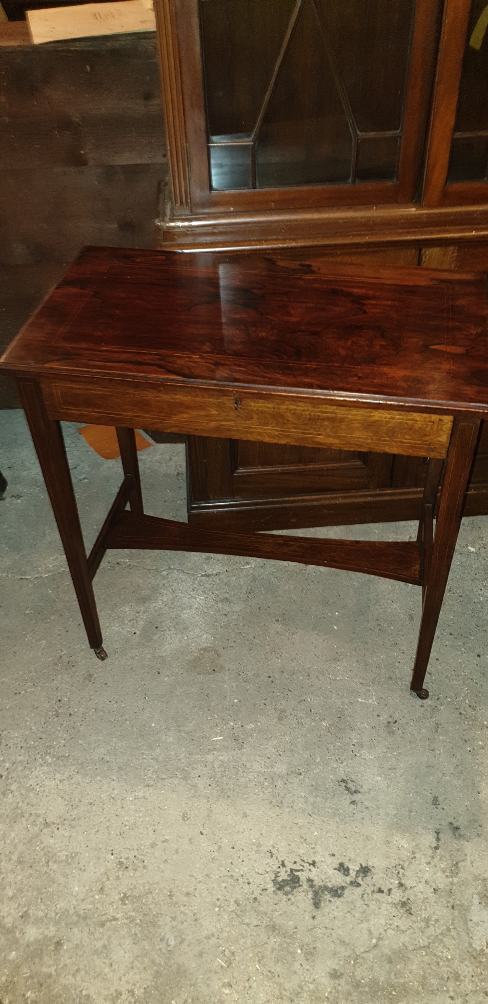 Edwardian inlaid rosewood writing table.  View VI