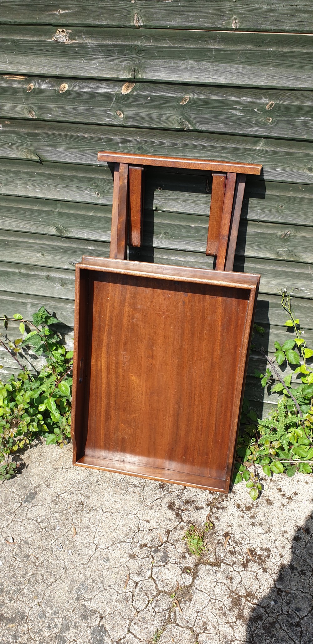 Late Victorian mahogany butlers tray on folding stand.  View V