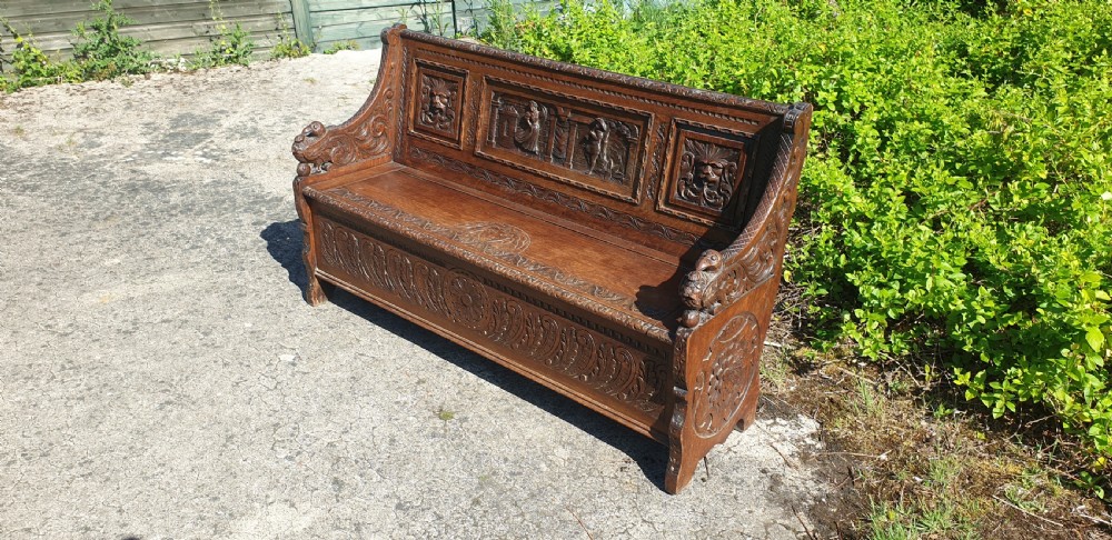 Good Victorian carved oak hall seat bench. View IV