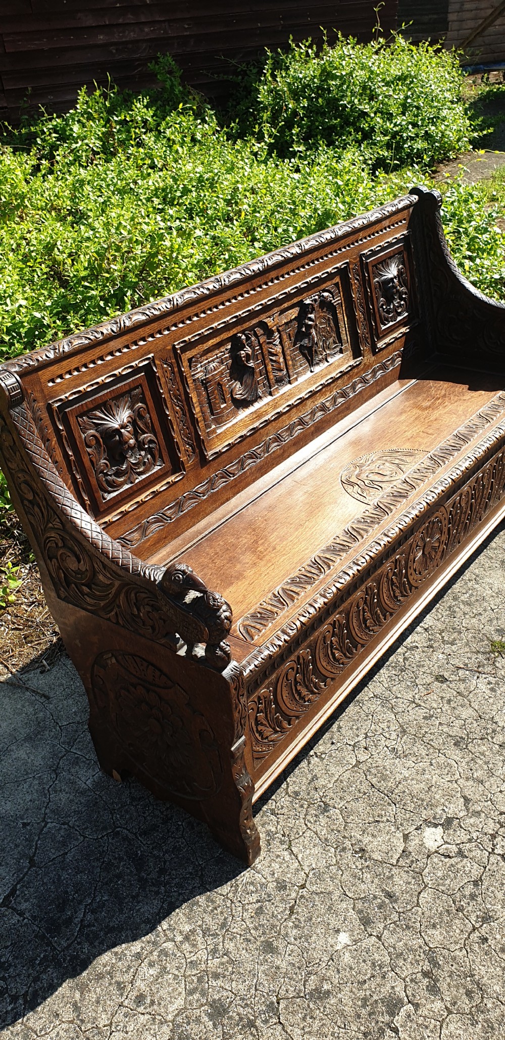 Good Victorian carved oak hall seat bench. View V