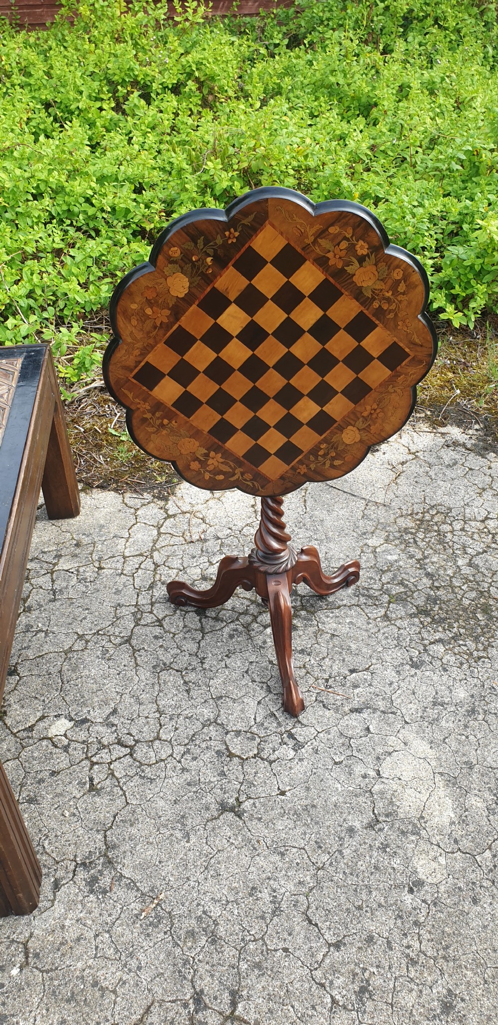 Good Victorian inlaid tip top chess table, good size. View V