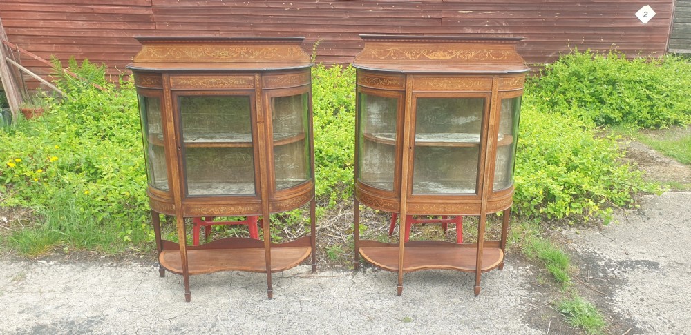 Pair of Edwardian inlaid mahogany display cabinets.