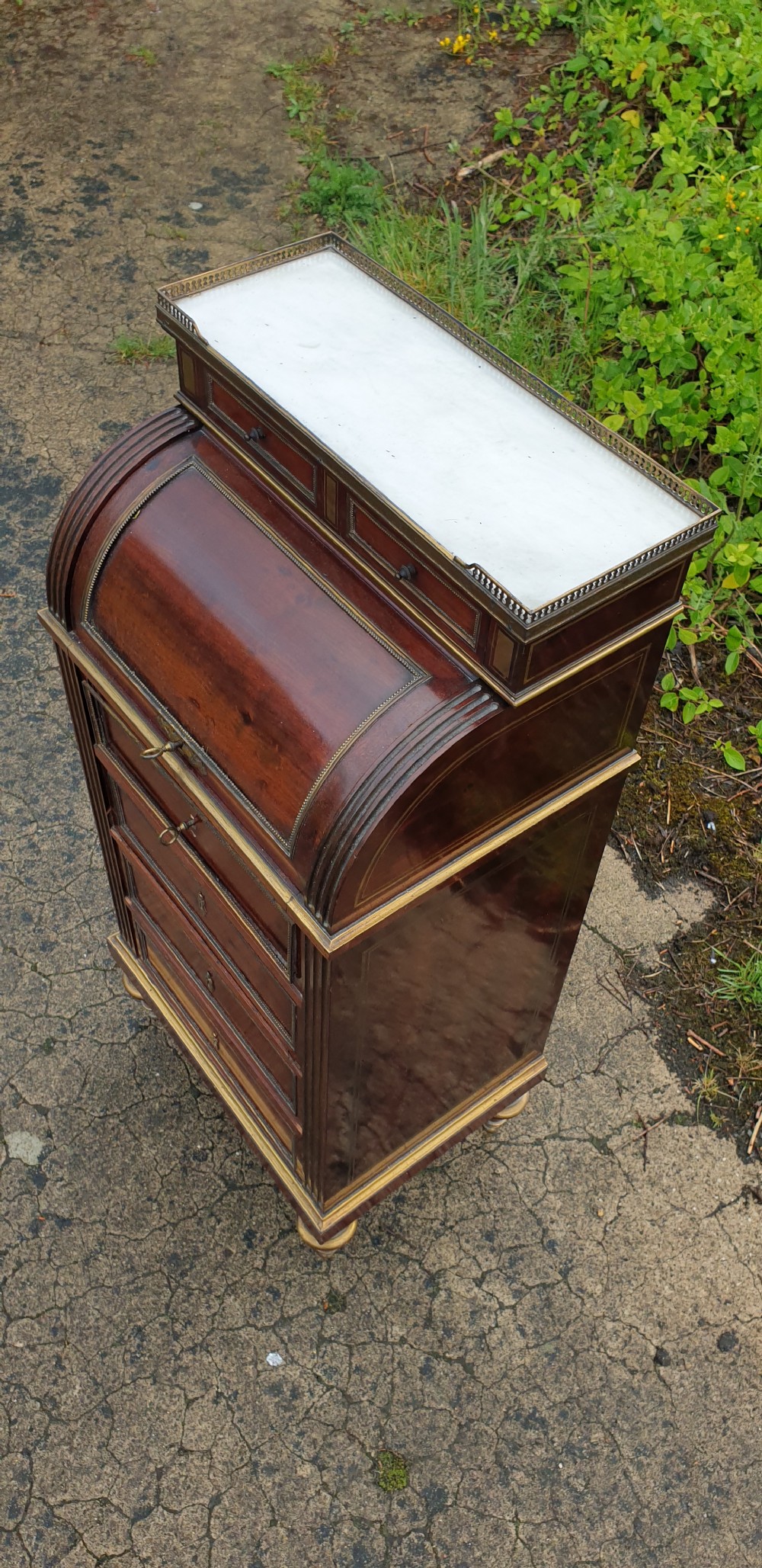 Delightful (18 inches width) brass inlaid mahogany cylinder top bureau cabinet.  View III