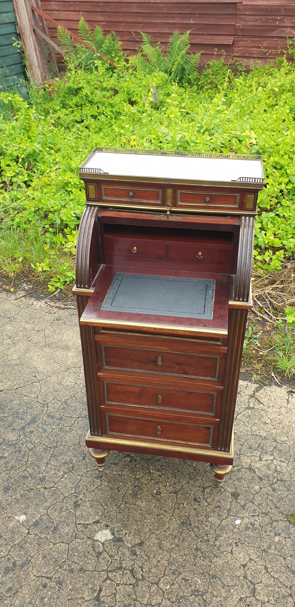 Delightful (18 inches width) brass inlaid mahogany cylinder top bureau cabinet.  View IV
