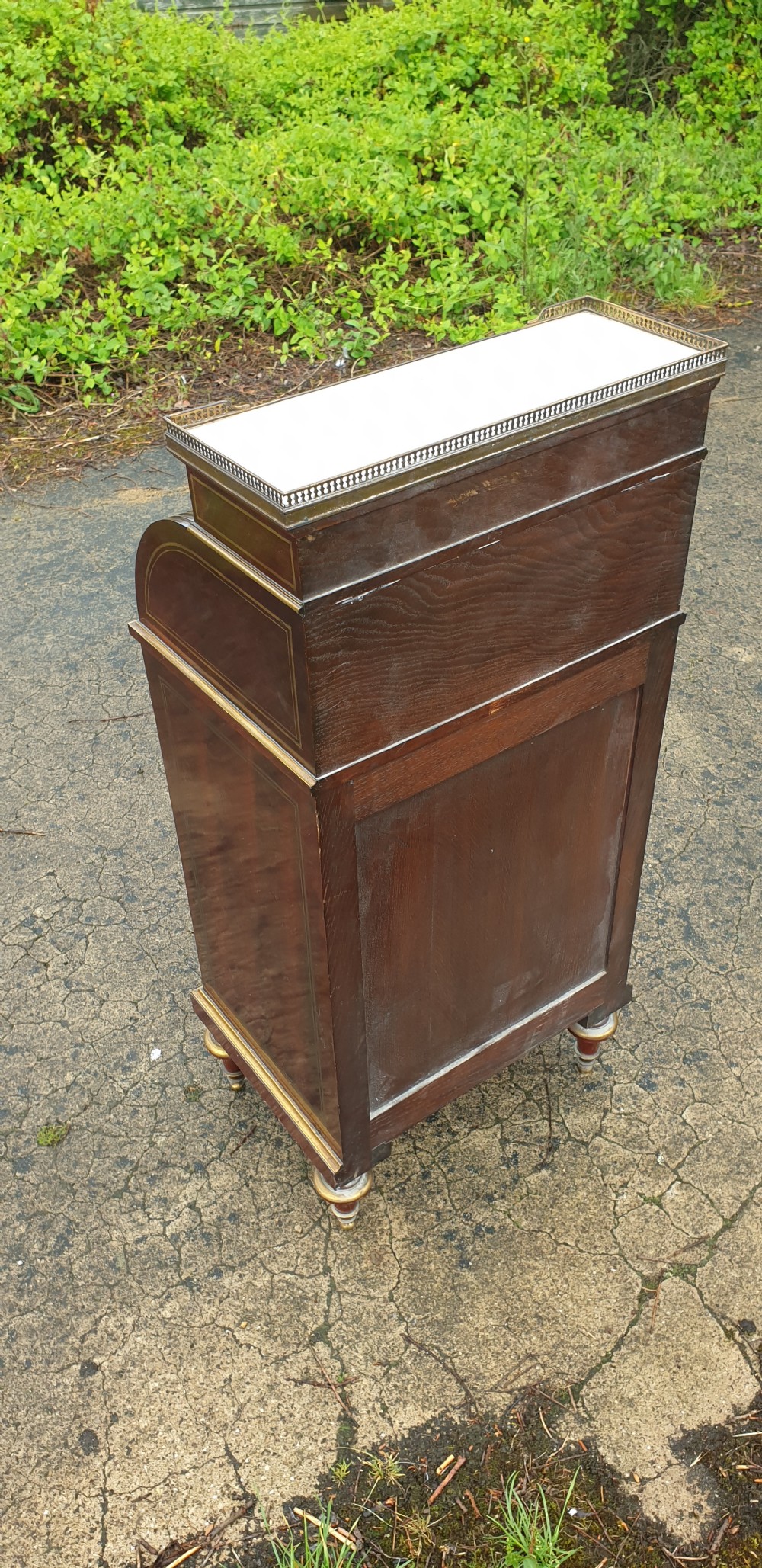 Delightful (18 inches width) brass inlaid mahogany cylinder top bureau cabinet.  View V