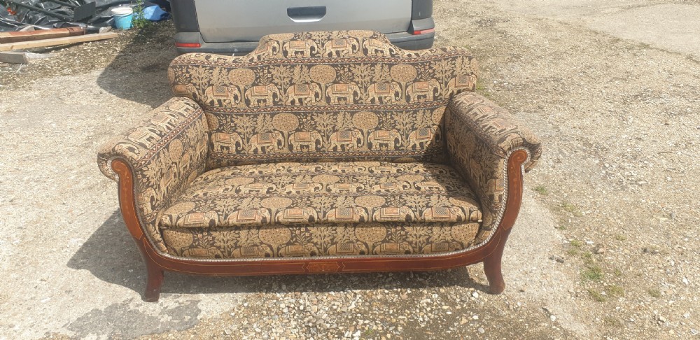 Edwardian Inlaid upholstered 2 seater cottage sofa.