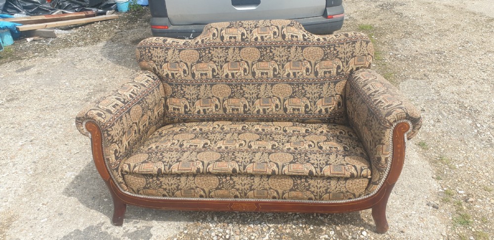 Edwardian Inlaid upholstered 2 seater cottage sofa. View IV