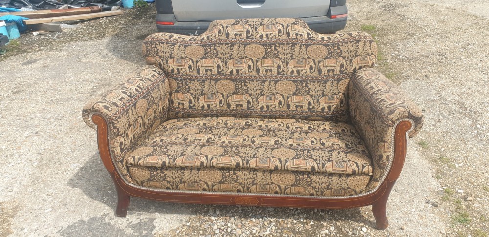 Edwardian Inlaid upholstered 2 seater cottage sofa. View V