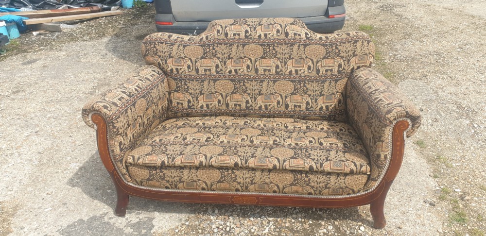Edwardian Inlaid upholstered 2 seater cottage sofa. View VIII