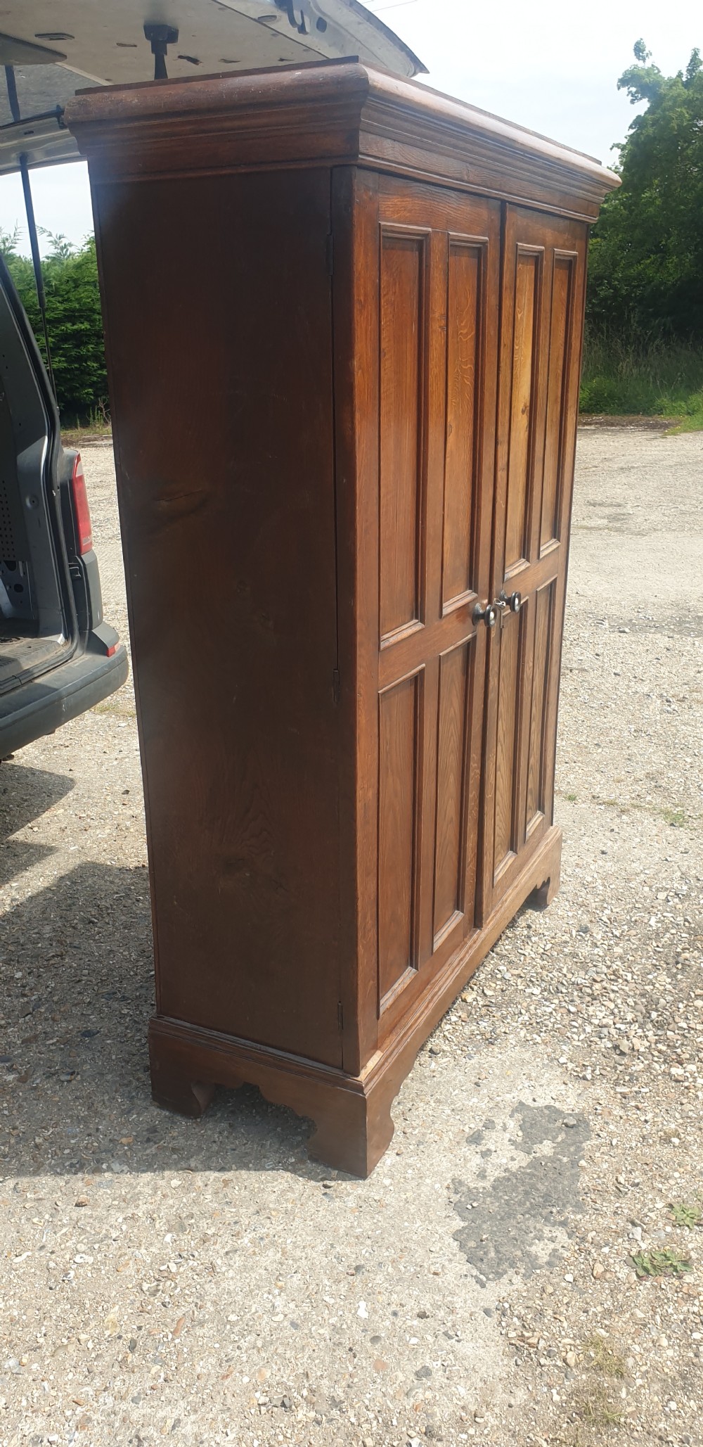 Useful early Victorian century panelled oak cupboard.  View III