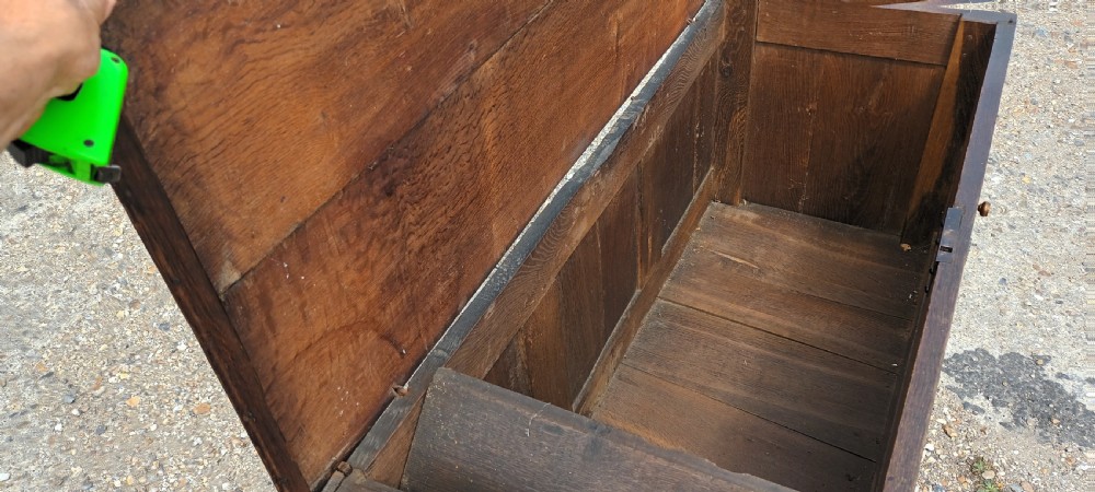 18th century panelled oak blanket chest.  View V