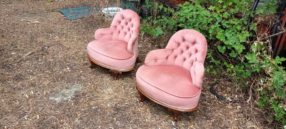 Pair of Victorian walnut frame Corner bedroom chairs.  View II